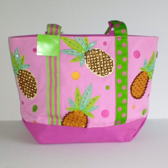 berek Handbags - Berek pineapple embroidered cotton canvas tote